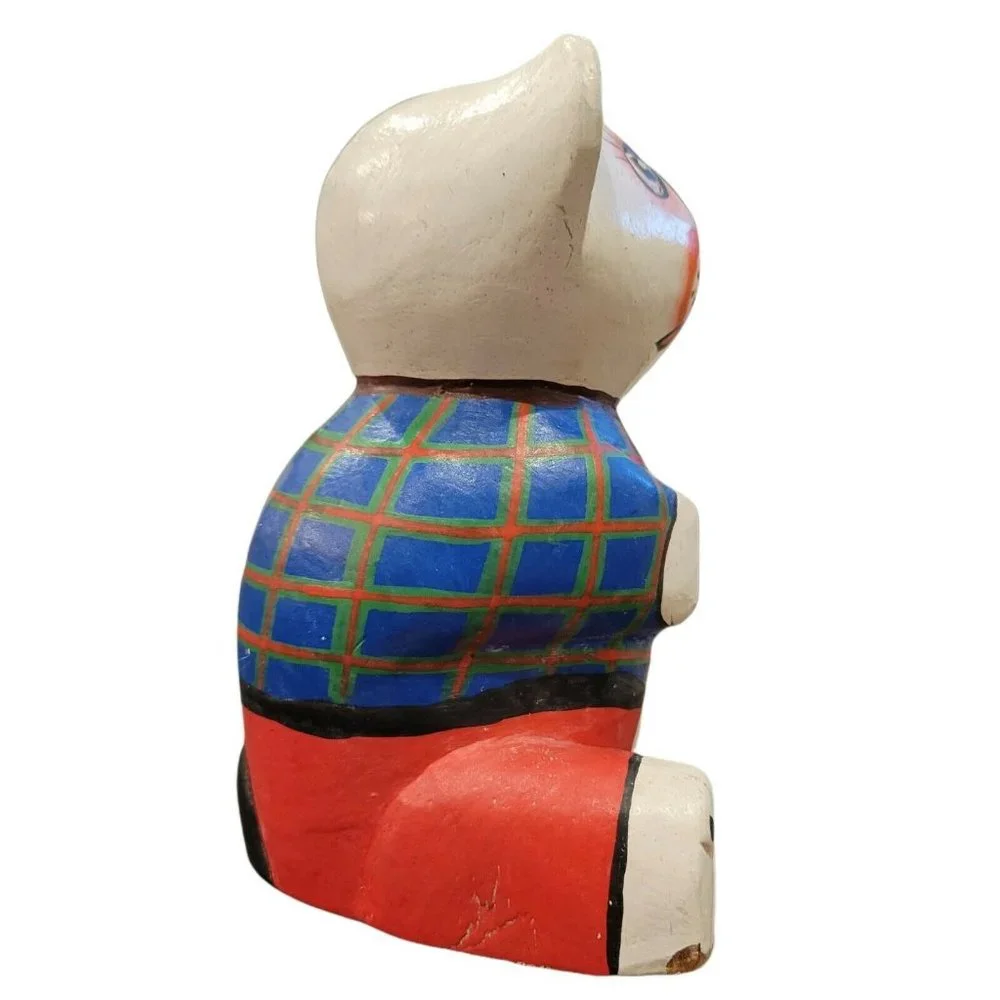 Artisan Folk Art Bear Hand Carved & Painted Wood with Flowers White Plaid Teddy - Picture 7 of 8